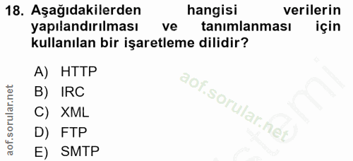 18. soru: Aşağıdakilerden hangisi verilerin yapılandırılması ve tanımlanması için kullanılan bir işaretleme dilidir? A) HTTP B)…