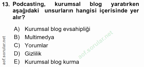 13. soru: Podcasting, kurumsal blog yaratırken aşağıdaki unsurların hangisi içerisinde yer alır? A) Kurumsal blog evsahipliği B…