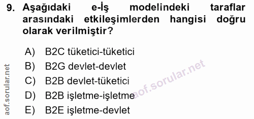 9. soru: Aşağıdaki e-iş modelindeki taraflar arasındaki etkileşimlerden hangisi doğru olarak verilmiştir? A) B2C tüketici-tüke…