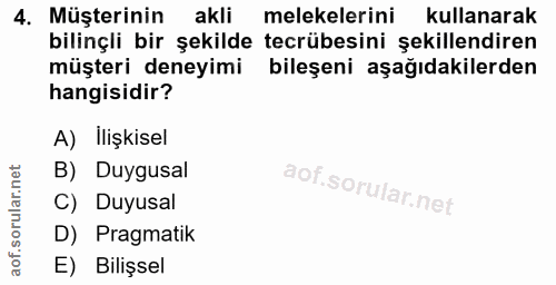4. soru: Müşterinin akli melekelerini kullanarak bilinçli bir şekilde tecrübesini şekillendiren müşteri deneyimi bileşeni aşağ…