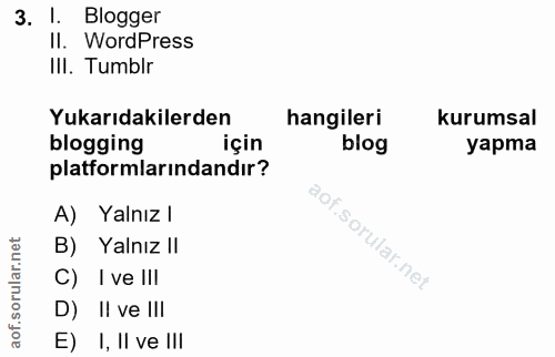 3. soru: I. Blogger II. WordPress III. Tumblr Yukarıdakilerden hangileri kurumsal blogging için blog yapma platformlarındandır…