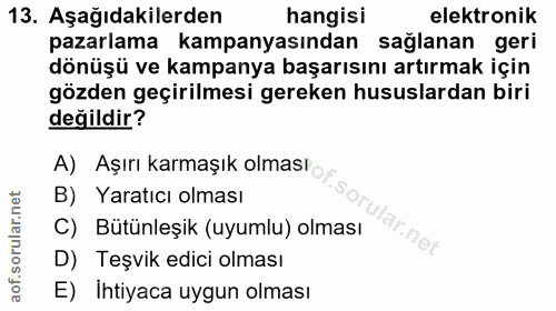 13. soru: Aşağıdakilerden hangisi elektronik pazarlama kampanyasından sağlanan geri dönüşü ve kampanya başarısını artırmak için…