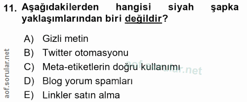 11. soru: Aşağıdakilerden hangisi siyah şapka yaklaşımlarından biri değildir? A) Gizli metin B) Twitter otomasyonu C) Meta-etik…