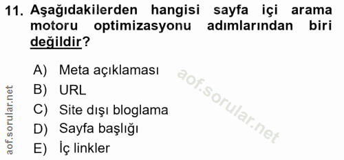 11. soru: Aşağıdakilerden hangisi sayfa içi arama motoru optimizasyonu adımlarından biri değildir? A) Meta açıklaması B) URL C)…