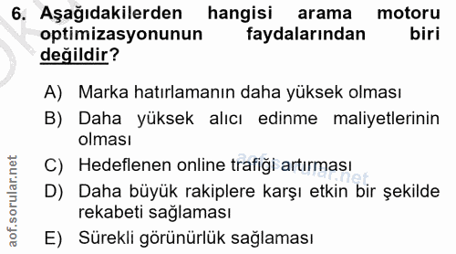 6. soru: Aşağıdakilerden hangisi arama motoru optimizasyonunun faydalarından biri değildir? A) Marka hatırlamanın daha yüksek…