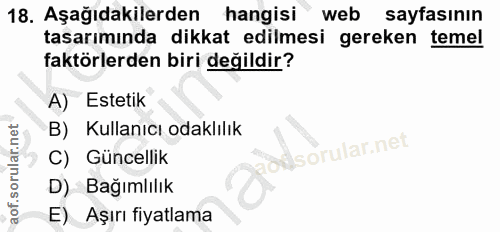 18. soru: Aşağıdakilerden hangisi web sayfasının tasarımında dikkat edilmesi gereken temel faktörlerden biri değildir? A) Estet…