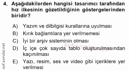 4. soru: Aşağıdakilerden hangisi tasarımcı tarafından hız ilkesinin gözetildiğinin göstergelerinden biridir? A) Yazım ve dilbi…