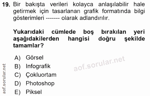 19. soru: Bir bakışta verileri kolayca anlaşılabilir hale getirmek için tasarlanan grafik formatında bilgi gösterimleri --- ola…