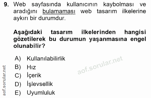 9. soru: Web sayfasında kullanıcının kaybolması ve aradığını bulamaması web tasarım ilkelerine aykırı bir durumdur. Aşağıdaki…
