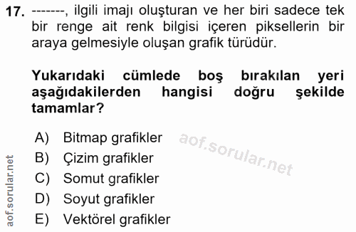 17. soru: -, ilgili imaji oluşturan ve her biri sadece tek bir renge ait renk bilgisi içeren piksellerin bir araya gelmesiyle o…