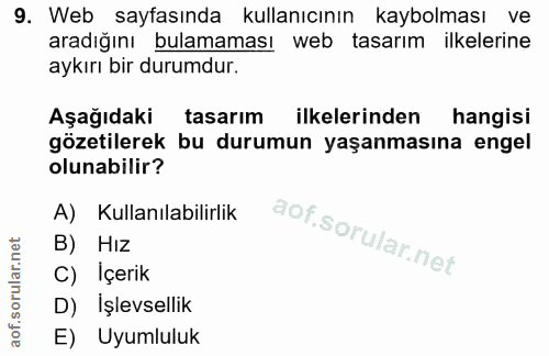 9. soru: Web sayfasında kullanıcının kaybolması ve aradığını bulamaması web tasarım ilkelerine aykırı bir durumdur. Aşağıdaki…