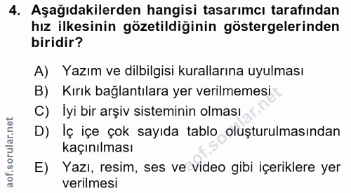 4. soru: Aşağıdakilerden hangisi tasarımcı tarafından hız ilkesinin gözetildiğinin göstergelerinden biridir? A) Yazım ve dilbi…