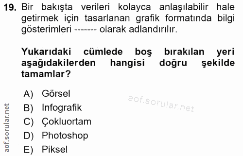 19. soru: Bir bakışta verileri kolayca anlaşılabilir hale getirmek için tasarlanan grafik formatında bilgi gösterimleri --- ola…