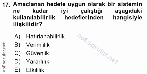 17. soru: Amaçlanan hedefe uygun olarak bir sistemin ne kadar iyi çalıştığı aşağıdaki kullanılabilirlik hedeflerinden hangisiyl…