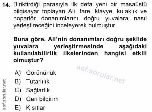 14. soru: Biriktirdiği parasıyla ilk defa yeni bir masaüstü bilgisayar toplayan Ali, fare, klavye, kulaklık ve hoparlör donanım…
