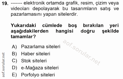 19. soru: --- elektronik ortamda grafik, resim, çizim veya videoları depolayarak bu tasarımların satış ve pazarlamasını yapan s…