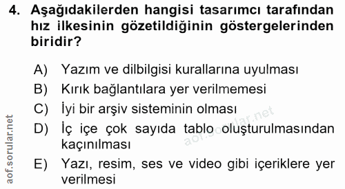 4. soru: Aşağıdakilerden hangisi tasarımcı tarafından hız ilkesinin gözetildiğinin göstergelerinden biridir? A) Yazım ve dilbi…