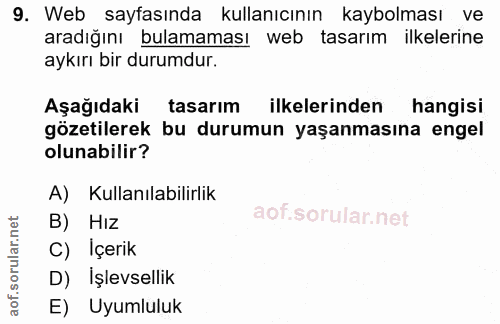 9. soru: Web sayfasında kullanıcının kaybolması ve aradığını bulamaması web tasarım ilkelerine aykırı bir durumdur. Aşağıdaki…