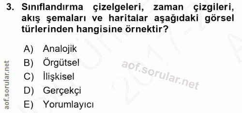 3. soru: Sınıflandırma çizelgeleri, zaman çizgileri, akış şemaları ve haritalar aşağıdaki görsel türlerinden hangisine örnekti…