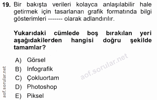 19. soru: Bir bakışta verileri kolayca anlaşılabilir hale getirmek için tasarlanan grafik formatında bilgi gösterimleri --- ola…