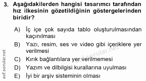 3. soru: Aşağıdakilerden hangisi tasarımcı tarafından hız ilkesinin gözetildiğinin göstergelerinden biridir? A) Iç içe çok say…