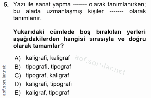 5. soru: Yazı ile sanat yapma --. -- olarak tanımlanırken; bu alada uzmanlaşmış kişiler --- olarak tanimlanır. Yukarıdaki cüml…