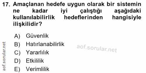 17. soru: Amaçlanan hedefe uygun olarak bir sistemin ne kadar iyi çalıştığı aşağıdaki kullanılabilirlik hedeflerinden hangisiyl…