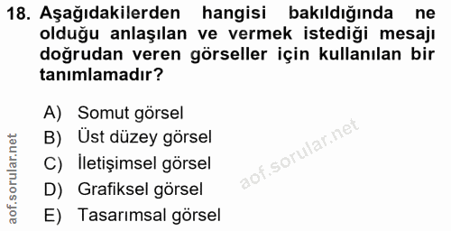 18. soru: Aşağıdakilerden hangisi bakıldığında ne olduğu anlaşılan ve vermek istediği mesajı doğrudan veren görseller için kull…