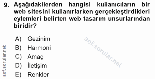 9. soru: Aşağıdakilerden hangisi kullanıcıların bir web sitesini kullanırlarken gerçekleştirdikleri eylemleri belirten web tas…