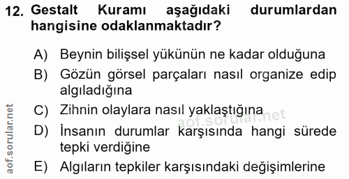 12. soru: Gestalt Kuramı aşağıdaki durumlardan hangisine odaklanmaktadır? A) Beynin bilişsel yükünün ne kadar olduğuna B) Gözün…