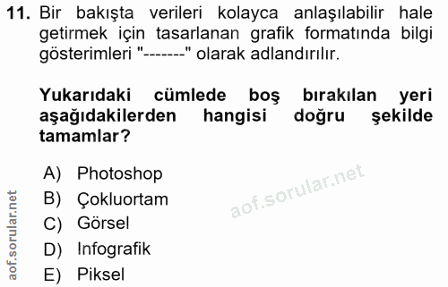 11. soru: Bir bakışta verileri kolayca anlaşılabilir hale getirmek için tasarlanan grafik formatında bilgi gösterimleri "-...."…