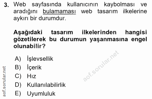 3. soru: Web sayfasında kullanıcının kaybolması ve aradığını bulamaması web tasarım ilkelerine aykırı bir durumdur. Aşağıdaki…