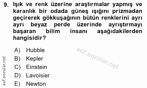 9. soru: Işık ve renk üzerine araştırmalar yapmış ve karanlık bir odada güneş ışığını prizmadan geçirerek gökkuşağının bütün r…