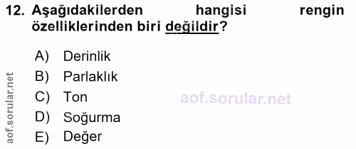 12. soru: Aşağıdakilerden hangisi rengin özelliklerinden biri değildir? A) Derinlik B) Parlaklık C) Ton D) Soğurma aof. E) Değer