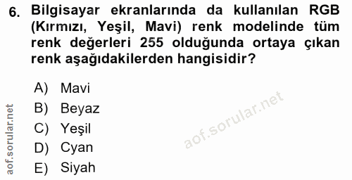 6. soru: Bilgisayar ekranlarında da kullanılan RGB (Kırmızı, Yeşil, Mavi) renk modelinde tüm renk değerleri 255 olduğunda orta…