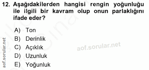 12. soru: Aşağıdakilerden hangisi rengin yoğunluğu ile ilgili bir kavram olup onun parlaklığını ifade eder? A) Ton B) Derinlik…