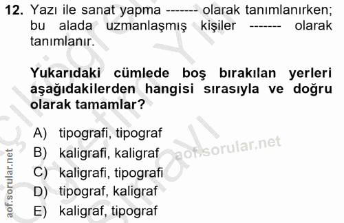 12. soru: Yazı ile sanat yapma -- - olarak tanımlanırken; bu alada uzmanlaşmış kışiler ---- olarak tanimlanır. Yukarıdaki cümle…