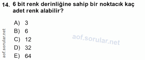 14. soru: 6 bit renk derinliğine sahip bir noktacık kaç adet renk alabilir? A) 3 orular.net B) 6 C) 12 D) 32 aof. E) 64