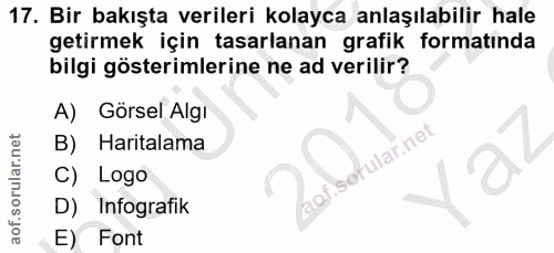 17. soru: Bir bakışta verileri kolayca anlaşılabilir hale getirmek için tasarlanan grafik formatında bilgi gösterimlerine ne ad…