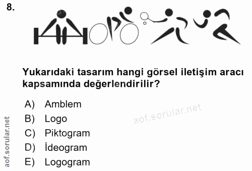 8. soru: MINOO Yukarıdaki tasarım hangi görsel iletişim aracı kapsamında değerlendirilir? A) Amblem B) Logo C) Piktogram D) Id…