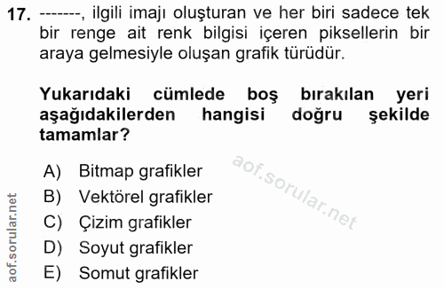 17. soru: -, ilgili imaji oluşturan ve her biri sadece tek bir renge ait renk bilgisi içeren piksellerin bir araya gelmesiyle o…
