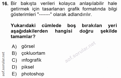 16. soru: Bir bakışta verileri kolayca anlaşılabilir hale getirmek için tasarlanan grafik formatında bilgi gösterimleri "-.." o…