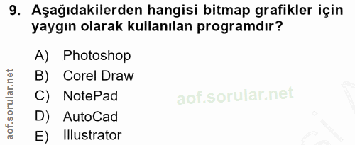 9. soru: Aşağıdakilerden hangisi bitmap grafikler için yaygın olarak kullanılan programdır? A) Photoshop B) Corel Draw NotePad…