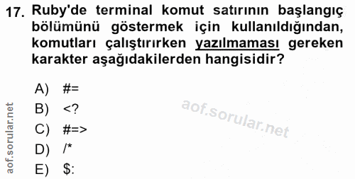 17. soru: Ruby'de terminal komut satırının başlangıç bölümünü göstermek için kullanıldığından, komutları çalıştırırken yazılmam…