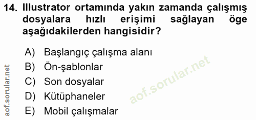 14. soru: Illustrator ortamında yakın zamanda çalışmış dosyalara hızlı erişimi sağlayan öge aşağıdakilerden hangisidir? A) Başl…