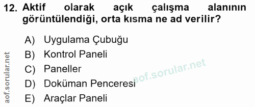 12. soru: Aktif olarak açık çalışma alanının görüntülendiği, orta kısma ne ad verilir? A) Uygulama Çubuğu B) Kontrol Paneli D)…