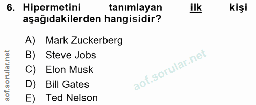 6. soru: Hipermetini tanımlayan ilk kişi aşağıdakilerden hangisidir? A) Mark Zuckerberg B) Steve Jobs C) Elon Musk D) Bill Gat…