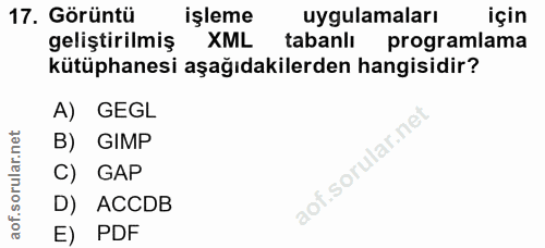 17. soru: Görüntü işleme uygulamaları için geliştirilmiş XML tabanlı programlama kütüphanesi aşağıdakilerden hangisidir? A) GEG…