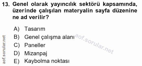 13. soru: Genel olarak yayıncılık sektörü kapsamında, üzerinde çalışılan materyalin sayfa düzenine ne ad verilir? B) Genel çalı…
