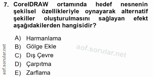 7. soru: Core DRAW ortamında hedef nesnenin şekilsel özellikleriyle oynayarak alternatif şekiller oluşturulmasını sağlayan efe…